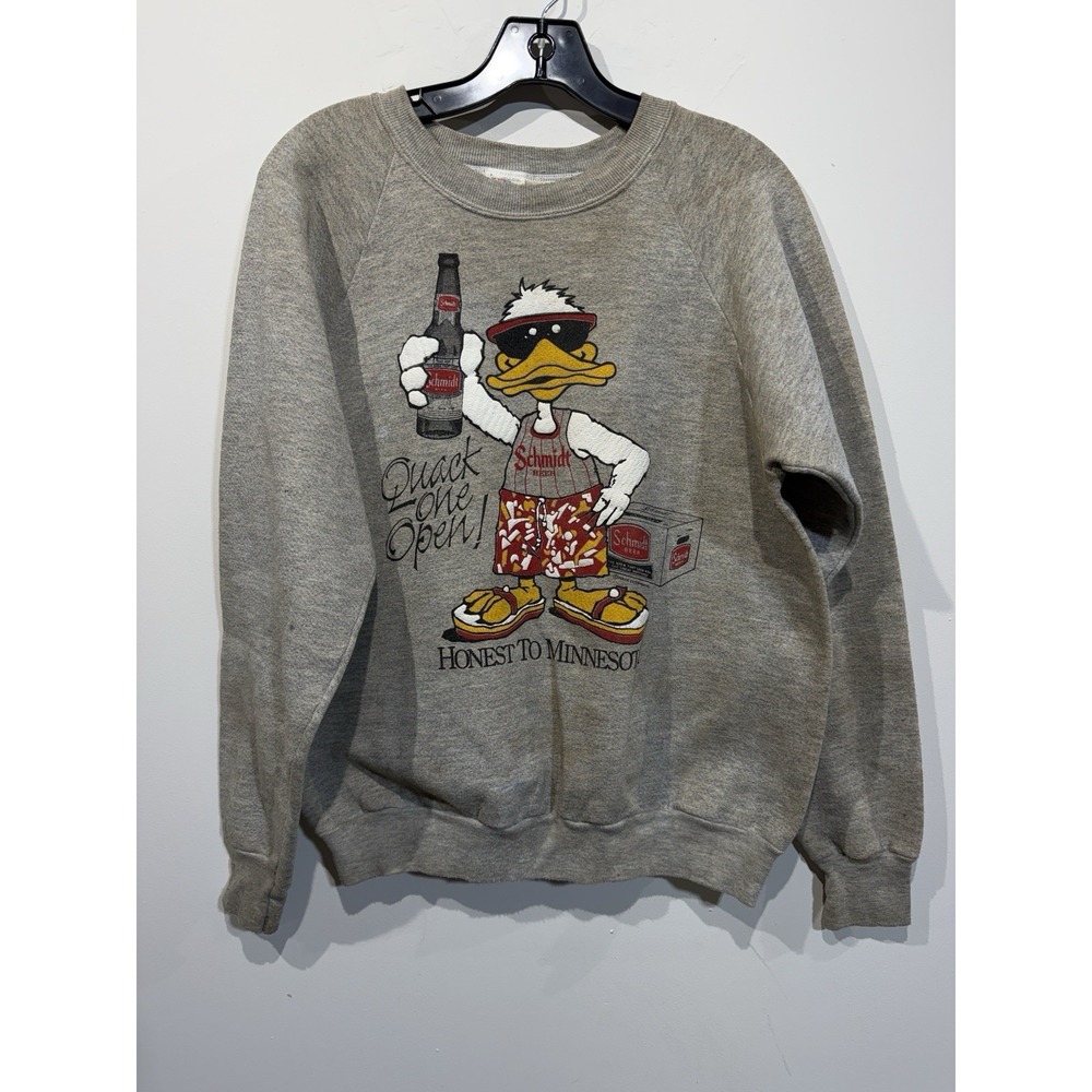 Vintage L Grey Crewneck Sweatshirt Schmidt Beer Duck "quack One Open" Stained